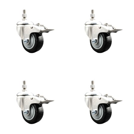 Service Caster 3 Inch 316SS Black Polyurethane Wheel Swivel 12mm Stem Caster Set Lock Brake SS316TSTTL20S314-PPUB-BLK-M1215-4